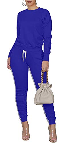 TOPONSKY Sweatsuit Women 2 Piece Loungewear Solid Matching Sweatpants Royal Blue L