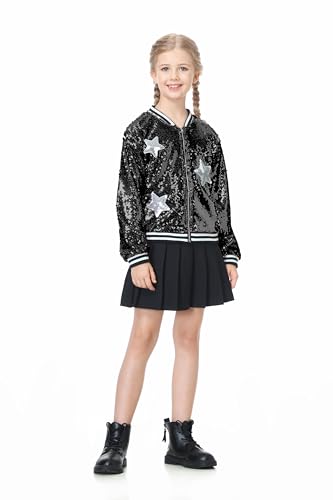Image of LOLANTA Girls Sequin Jacket, Long Sleeve Kids Bomber Coats with Pockets, Spring Fall Outfits for 4-15 Years