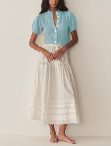Image of Womens Puff Short Sleeve Cardigan Sweaters Cropped Button up Lightweight Y2k Knit Summer Cardigans