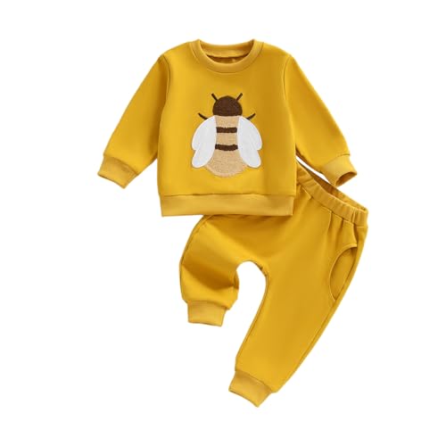 Image of Toddler Bee Outfit Baby Girl Boy Winter Pants Set Bee Embroidery Sweatshirt and Sweatpants Set Infant Fall Clothes