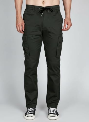 Image of Vogaan Men's Cotton Cargo Pants | Casual Trousers for Men | Comfortable Lower for Men | Breathable Pants with 6 Pockets & Drawstring Elastic Waistband
