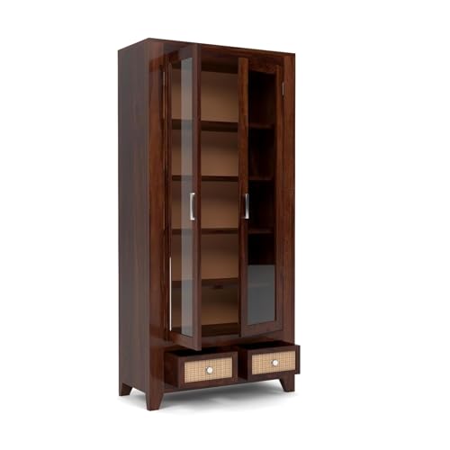 Image of Solid Sheesham Wood Book Cabinet with Acrylic Glass Doors | Rosewood Display Storage Unit with Shelves & Drawers for Home & Office | Louge (B-Walnut)