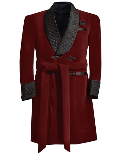 Apornipal Men's Long Velvet Smoking Robe Double Breasted Jacket Blazer with Belt for Dinner Wedding Party (Burgundy,48R)