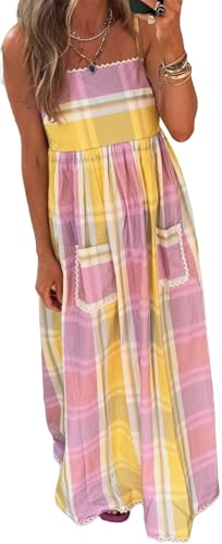 Image of Women Spaghetti Strap Flowy Long Dress Boho Floral Square Neck Maxi Dress Summer A-Line Dresses for Beach Vacation