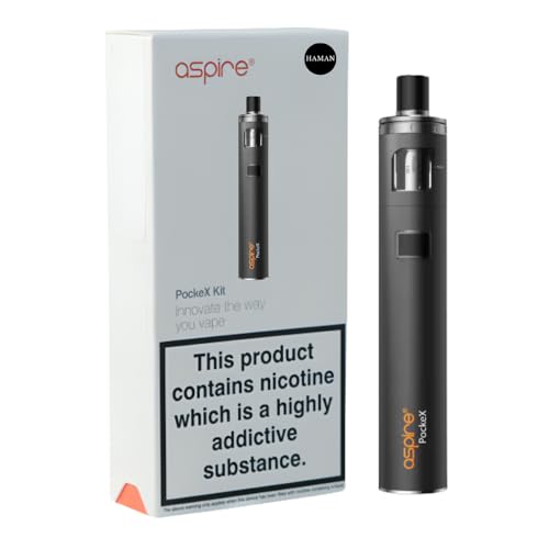 Aspire PockeX Vaping Kit 2ml Refillable Cartridge Long Lasting 1500mAh Rechargeable Battery Type-C Fast Charging Haman E Cigarette Starter Kit User Friendly 0mg Nicotine Free (Black)