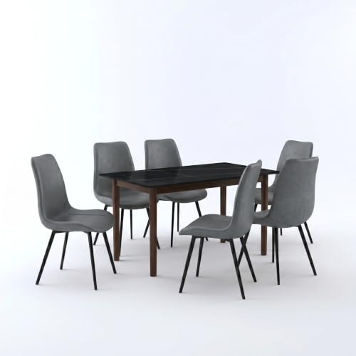 Image of Nebula Six Seater Faux Marble Dining Set | 15mm Sintered Stone Dining Table | Upholstered Metal Chairs | Solid Wooden Frame |Galaxy Black (DIY Assembly)