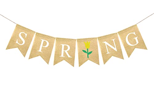 FAKTEEN Frühlings-Sackleinen-Banner mit Blume für Kamin, Heimdekoration, Girlande, Frühlingsparty-Dekorationen, für drinnen und draußen, hängende Wimpelkette Foto-Hintergrund Cover