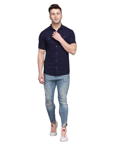 Image of Men's Half Sleeve Shirt - Spread Collar Casual Shirt with Double Flap Pockets - Slim Fit Cotton Blend Button-Down