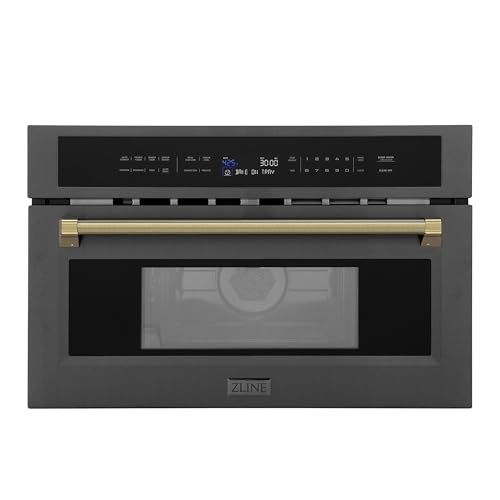 Image of ZLINE Autograph Edition 30 in. 1.6 cu ft. Built-in Convection Microwave Oven in Black Stainless Steel and Polished Gold Helix Handle (MWOZ-30-BS-KG)