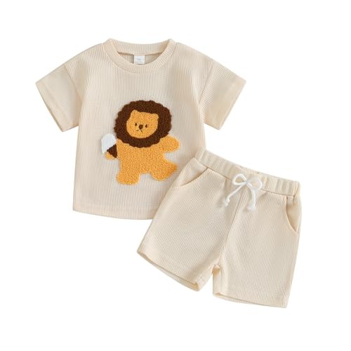 Image of Toddler Baby Boy Summer Outfit Lion Embroidered Short Sleeve T-Shirt Tops Pockets Shorts Waffle Knit Clothes Set