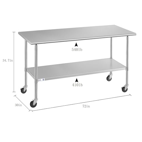 Image of ROCKPOINT Stainless Steel Table for Prep & Work with Caster Wheels 30x72 Inches, NSF Metal Commercial Kitchen Heavy Duty Table with Adjustable Under Shelf and Table Foot for Restaurant, Home and Hotel