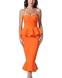 baicpo Elegant Midi Bodycon Sleeveless Spaghetti Strap Fishtail Bandage Dresses for Women Cocktail Party Dress Orange