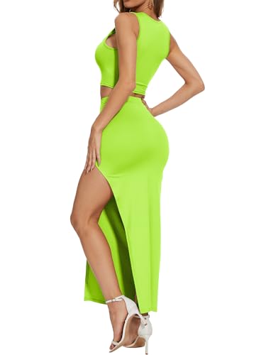 Image of ELLEVEN Sexy 2 Piece Maxi Skirt Sets for Women, Going Out Outfits | High Stretch, Lightweight, Slim Fit, Sleeveless Knit Crop Tank Top, High Slit Skirt Dress Set, Summer Date Night Outfits