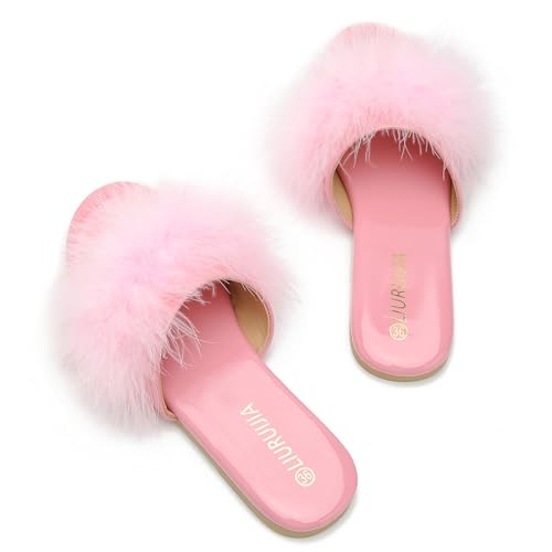 LIURUIJIA Women's Fluffy Feather Slippers Fur Slide Flat Sandals Cozy Slip On Stylish Summer Casual Party Indoor Outdoor Flats Shoes Pink 44-US 104