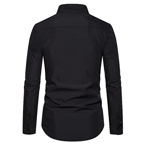 Men's Fashion Solid Color Patched Long-Sleeved Shirt Regular Fit Collarless Shirt Casual Classic Dress Shirt2