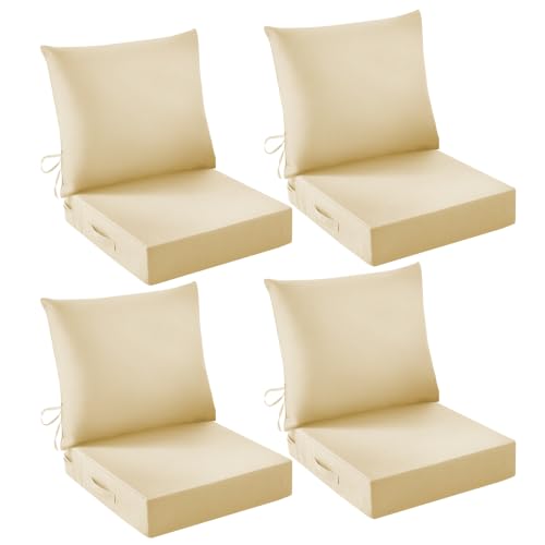 Image of Outdoor Chair Cushions, 24 x 24 Inch Outdoor Cushion for Patio Furniture, Patio Chair Cushion, Waterproof & Fade Resistant Deep Patio Furniture Cushion Set with Handle and Ties, Light Khaki (Set of 4)