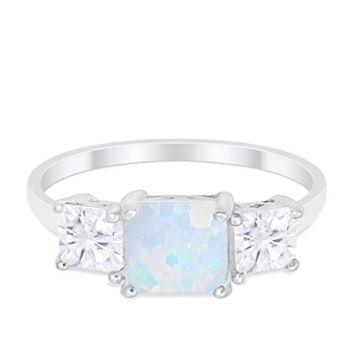 Blue Apple Co. Lab Created White Opal Size-4 3 Stone Wedding Engagement Ring Princess Cut Round Simulated Cubic Zirconia 925 Sterling Silver