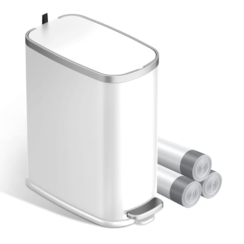 Image of KUK Slim Bathroom Trash Can with Lid Soft Close, Step Pedal, 2.6 Gal / 10L Stainless Steel Garbage Can with Removable Inner Bucket, Anti-Fingerprint Wastebasket for Office, Bedroom, Toilet (White)