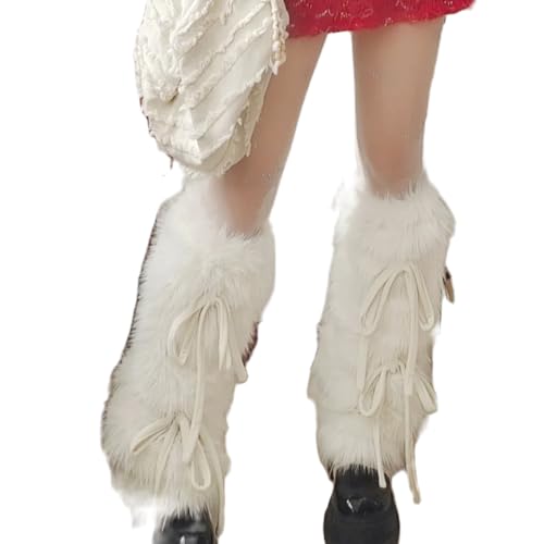 Baynoyia Womens Y2K Fuzzy Leg Warmers Faux Fur Fluffy Leg Warmers Bow Tie Boot Cuffs Covers Santa Costume (Bow White One Size)