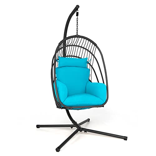 Giantex Egg Chair Hammock Stand - Hanging Swing With Stand, Folding Swinging Chair With Soft Cushion & Pillow, Wicker Rattan Hanging Chair For Bedroom,Garden, Patio Foldable Hammock Chair (Turquoise) #TOP19