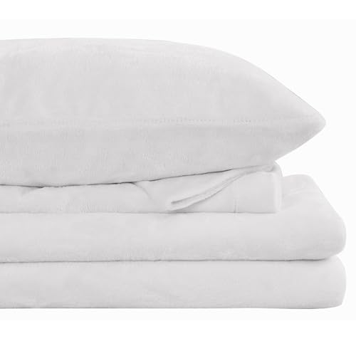 Image of Viviland Plush Micro Fleece Queen Bed Sheet Set - Soft Fuzzy Polar Fleece Velour Velvet Sheets - Extra Warm Winter Fleece Bed Sheets with Deep Pocket - White - Queen | Soft Flannel-like Fleece, 100% Polyester, Fluffy Velvety Feel, 200GSM, 15 inch Deep Pocket, Warm Winter Gift & Decor