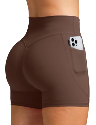Olmlmt Biker Shorts Women with Pockets High Waisted Spandex Workout Shorts for Yoga Gym Running Dark Brown
