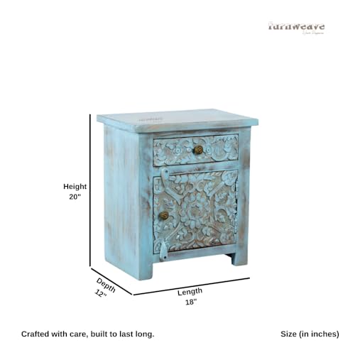 Image of Wooden Bedside Table for Bedroom with Drawers | Solid Wood Handcrafted Bed Side Table with Drawers | Side Table for Living Room | Traditional Rajasthani Art (Blue Distress)