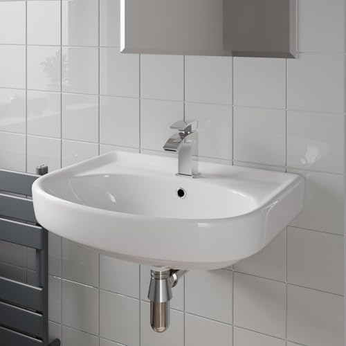Image of Affine® Wall Hung Basin for Bathroom and Cloakroom Hand Wash Basins Sink One Tap Hole White Gloss Modern, 560 x 415mm