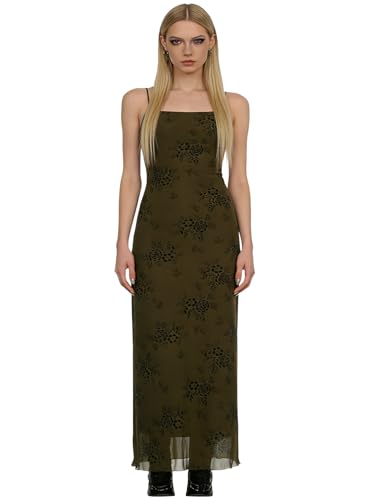 Image of Women Vintage Floral Print Spaghetti Strap Maxi Dress Dark Gothic Sheer Mesh Sleeveless Bodycon Dresses for Party Club