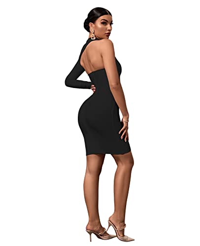 Maketina Womens One Shoulder Backless Long Sleeve Bandage Dresses Club Party Bodycon Dress Black Xl #TOP1