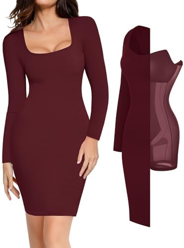 Popilush Shapewear Dress Mini Bodycon Dress 8 in 1 Midi Dress with Build in Shapewear Long Sleeve Dress for Women Tummy Control