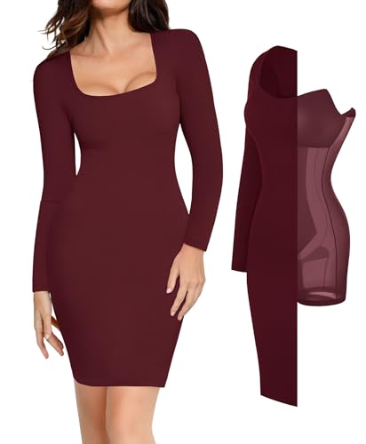 Image of Popilush Long Sleeve Midi Dresses for Women, Built-in Bra Shapewear Dress | Bodycon, Tummy Control, Square Neck, Cocktail Party and Dinners