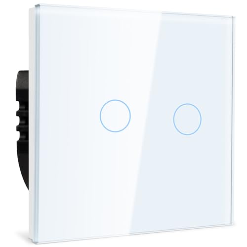 TAWOIA Normaler Lichtschalter, Wandlichtschalter, Standard 110 V-240 V, 86 x 86 mm Gehärtete Kristallplatte mit LED Hintergrundbeleuchtung 2 Fach 1 Weg Touch Lichtschalter,1000W,Weiß