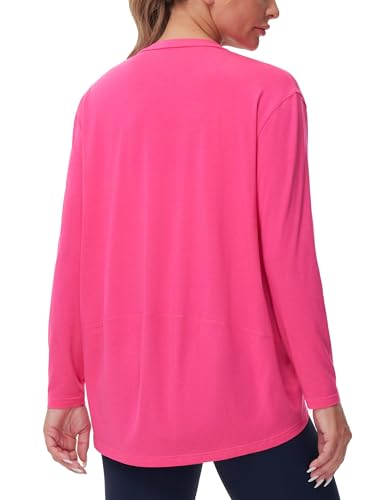 THE GYM PEOPLE Women's Long Sleeve Workout Shirts Loose Fit V-Neck Running T-Shirts Tops Bright Pink — view 2