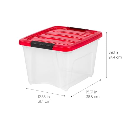 IRIS USA 19 Quart Stackable Plastic Holiday Storage Bins with Lids and Latching Buckles, 4 Pack - Clear/Red, Durable Containers for Long Term Storage Festive Seasonal Decorations Garlands Stockings