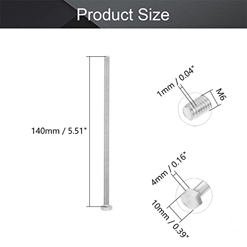 Image of MroMax 4Pcs M6 x 140mm Hex Head Screws Bolts, 304 Stainless Steel 18-8, Fully Threaded, External Hex Drive, for Mounting Chair, Handles, Rail, Pump, Wheels, Antenna Parts, Boat and Plastic Bumpers | 304 Stainless Steel, Fully Threaded, External Hex Drive, 5.5 In Extra Long Bolts for Thick Plate Penetration and Pipe Support