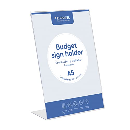 Europel Budget Sign Holder, L-Standard,A5 Size Portrait, Clear Polystyrene 1,5 mm,Menu & Leaflet Display Holder for Restaurants,Hotels,Conference & Reception – Free Standing & Slanted Design