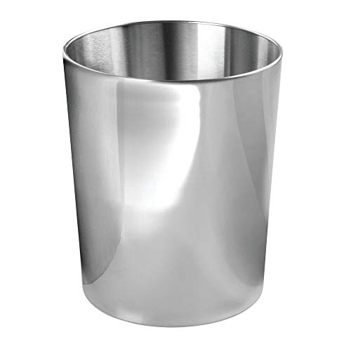 mDesign Round Metal Small Trash Can Wastebasket Garbage Container Bin for Bathrooms Powder Rooms Kitchens Home Offices - Durable Stainless Steel - Polished