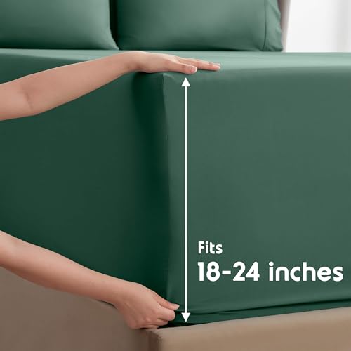 Image of Nestl Extra Deep Split King Sheet Set - 7 Piece Breathable & Cooling Sheets - Hotel Luxury Bedding Set w /18-24 Inch Deep Pockets - Easy & Secure Fit - Super Soft, Wrinkle Free & Comfy - Dark Green
