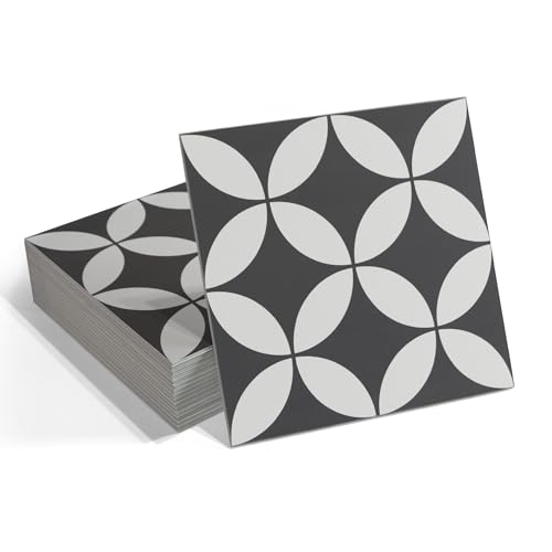 INNO STICKERS Azulejos de suelo y pared para baño, cocina, vinilo SPC, autoadhesivo, 9 x 9 pulgadas, gris con patrón de monedas, 16 azulejos, 9.12 pies cuadrados.