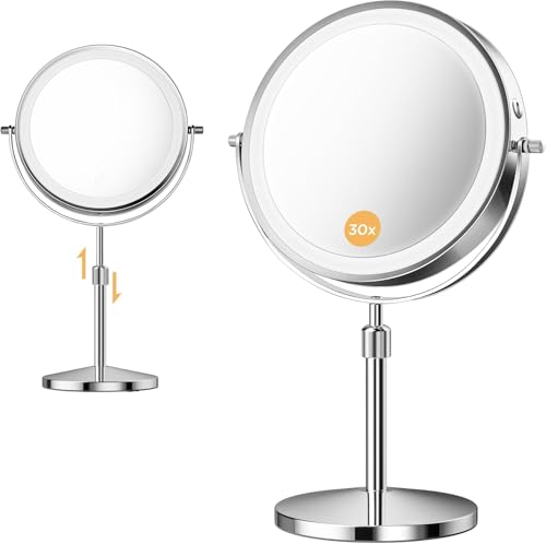 tubbede Makeup Mirror, 1X/30X Magnification with 3 Level LED Lights, 5000 mAh Rechargeable Double Sided 9” Magnifying Mirror with 360° Rotation, Perfect for Precision Grooming and Makeup, Women Gift