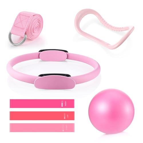Newofview Pilates Ring Set Exercise Equipment with 3 Pilates bänder & Pilates Ring & Ball & Spanner & Yogagurt für Core-Training für Frauen