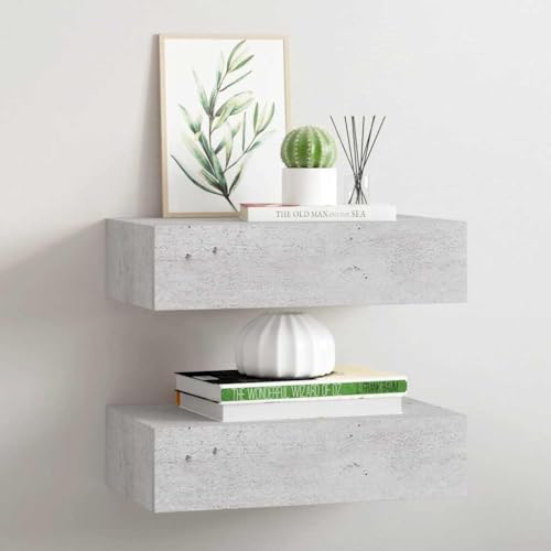 Mokuyary Estante de Pared con cajón 2 uds MDF Gris hormigón 40x23,5x10cm Estantería de Pared con 2 Cajones Mesita de Noche Flotante Estante con Cajón para Recibidor Dormitorio