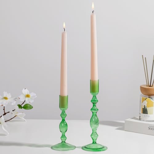 Glasseam Kerzenständer Glas Stabkerzenhalter Grün: 2er Set Kerzenhalter Stabkerze Deko Kerzenhalter für Stabkerzen Modern Kerzenständer Stabkerze für Weihnachten Wohnzimmer Esstisch Tischdeko