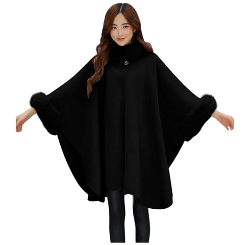 Huoghebg Umhang Damen Winter Kunstpelz Kragen Strickjacke Mantel Midi Knielange Warm Poncho Cape Deckmantel mit Fell Ein Knopf Winterjacke Einfach Lose Einfarbig Cape Cardigan...