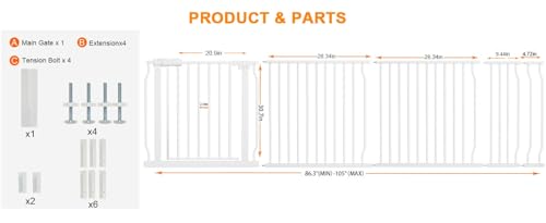 HOOEN Extra Wide Baby Gate for Doorways Stairs 86-105 Inch Wide Pressure Mounted Dog Gates for The House Walk Through Gates Indoor Safety Child Gates for Kids or Pets (86.3"-105")