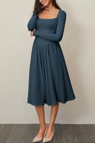 CHYRII Women Spring Fashion 2025 Square Neck Long Sleeve Casual A-Line Midi Dress4