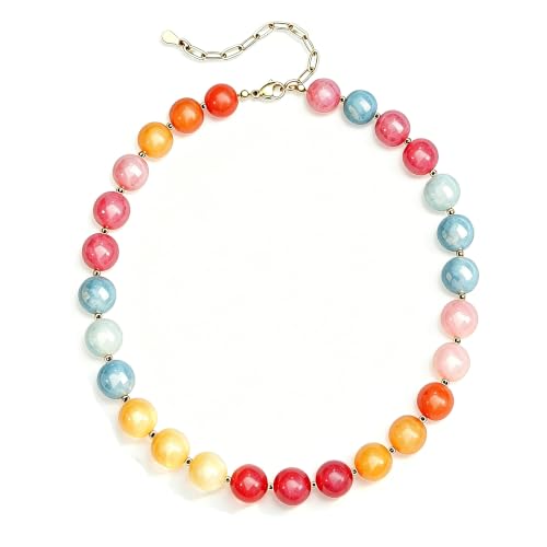 Image of GINAZL Natural Stone Beaded Choker Necklace for Women, Chunky Multicolor Gemstone Handmade Necklace, Boho 12MM Bead Summer Beach Jewelry Gifts for Women