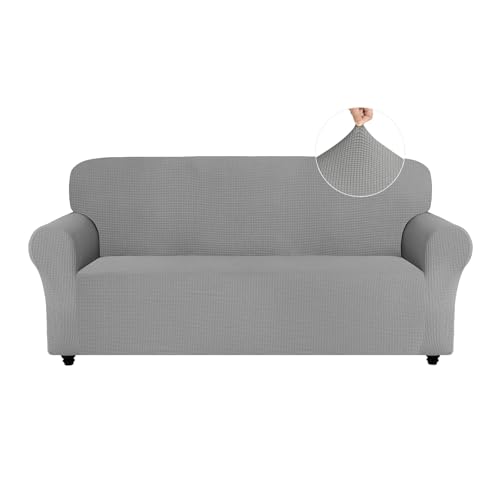 Easy-Going Stretch Sofa &Uuml;berzug 3 Sitzer, Rutschfester Sofabezug f&uuml;r Hund Katze, Stilvoller Jacquard Couch &Uuml;berzug Bezug, Weicher K&uuml;chensofa Couch Cover, 1 St&uuml;ck Sofaschoner mit Armlehnen, Hellgrau