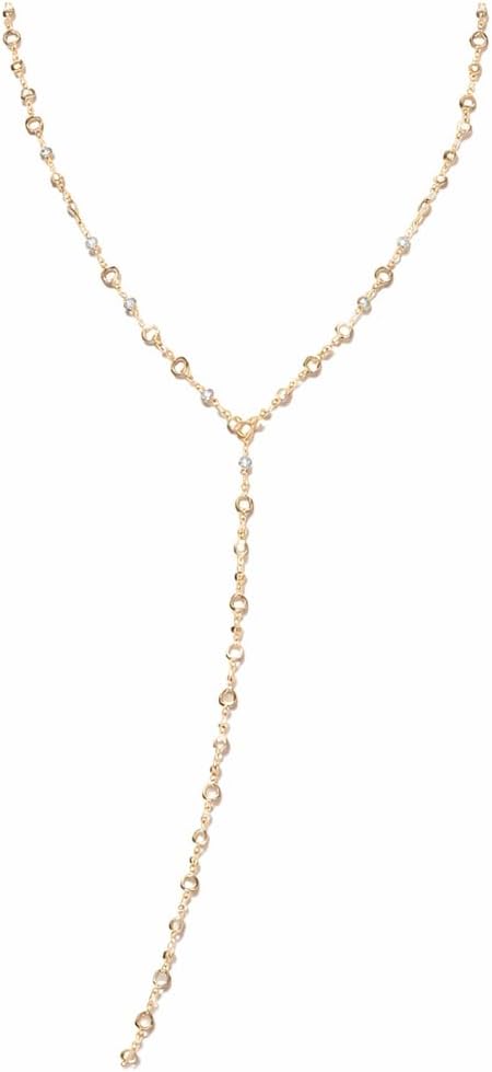 18K Gold Plated Heart Station Lariat Necklace - Dainty Cubic Zirconia Long Y-Necklace for Women - Elegant Adjustable Gold Chain Jewelry